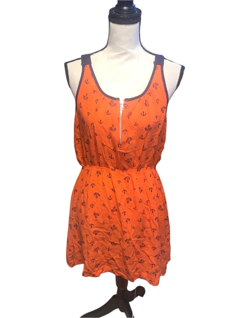 Justify Anchor Print Orange Blue Mini Dress Elastic Waist Sleeveless Summer